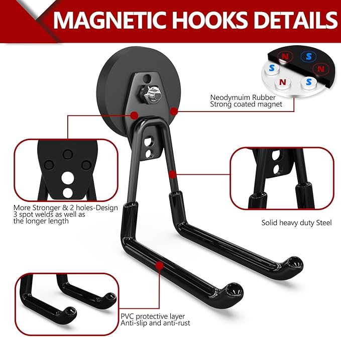 3-H Extra Strong Magnetic Hooks,Heavy Duty Large Anti-Slip Magnet Hooks U Shape,No-Drill Tool Holder for Garage,Power Drill,Garden Tools,Hose Storage,4 Pack Black