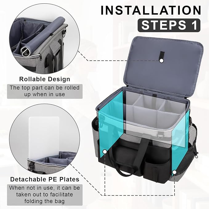 Large Rolling Cleaning Caddy with Wheels, Cleaning Supplies Organizer with Detachable Trolley, Water-resistant Cleaner Cart for Housekeepers, Multi Pocket Cleaning Cart with Strap, Gray