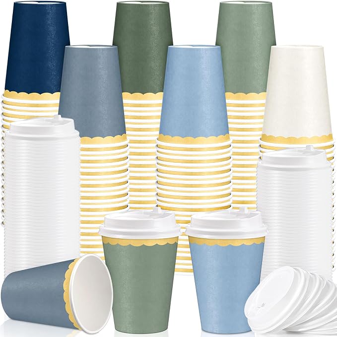 Willinglong 60 Pcs Fall Disposable Paper Cups with Lids 12oz Thanksgiving Coffee Cups with Golden Lace Drinkware for Birthday Baby Shower Bride Holiday Party Business Events DIY Supplies(Dusty Blue)