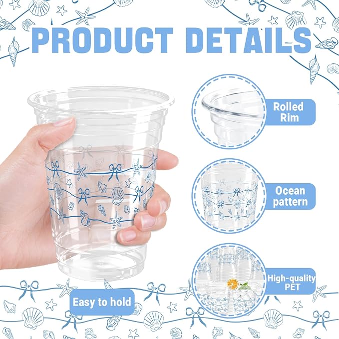 100 Pack Ocean Plastic Cups 12 oz Blue Starfish Seashell Bow Disposable Cup Clear Under The Sea Drinking Cold Beverage Cup for Summer Beach Party Supplies