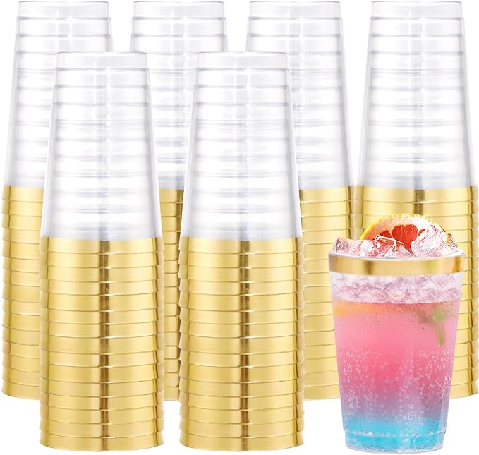 supernal 200 Pack 12oz Clear Plastic Cups with Gold Rim - Heavy Duty Elegant Disposable Party Cups, Premium Fancy Drinking Tumblers for Weddings, 2026 Graduations & Cocktail Hours