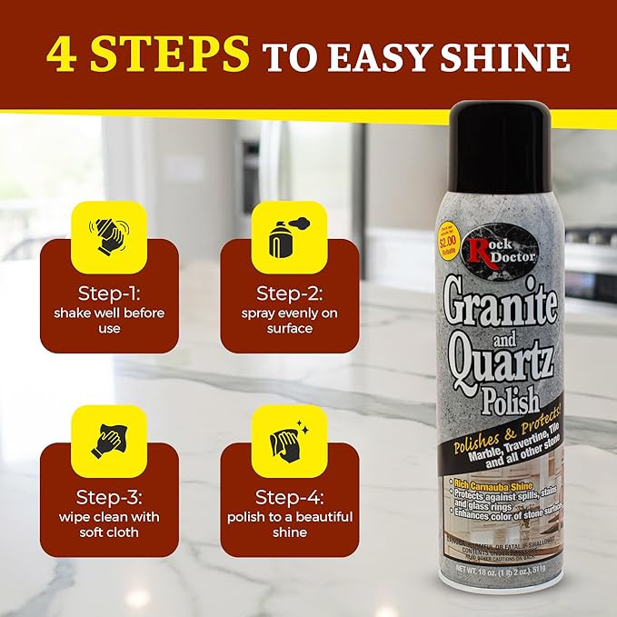 Rock Doctor Granite & Quartz Cleaner Care Kit With Microfiber Cloth, 4 Piece Maintenance Stone Care Combo Kit – Cleans & Renews Marble, Travertine, Tile, and All Other Stone, Fresh