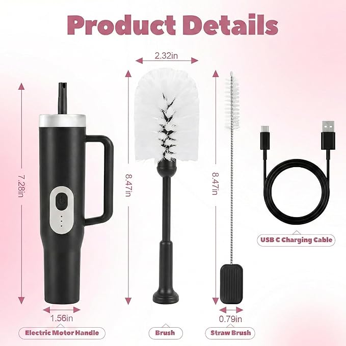 2 in 1 Electric Bottle Brush Set with Straw Cleaner - 14.5" Long Handle Cup Brush for Stanley 40oz Tumbler, 2-Speed Rotating Water Bottle Brush, 2000mAh Rechargeable, Portable Hook