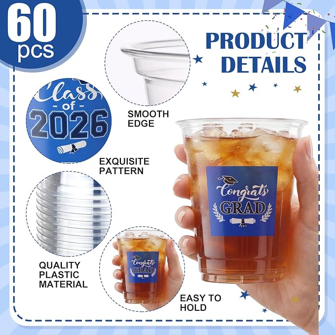Amyhill 60 Pack 12oz Graduation Cups 2026 Graduation Decorations Disposable Plastic Cups Sturdy&Durable Drinkware for Class of 2026 Decorations Congrats Grad Party Favors Supplies (Red,Blue and White)