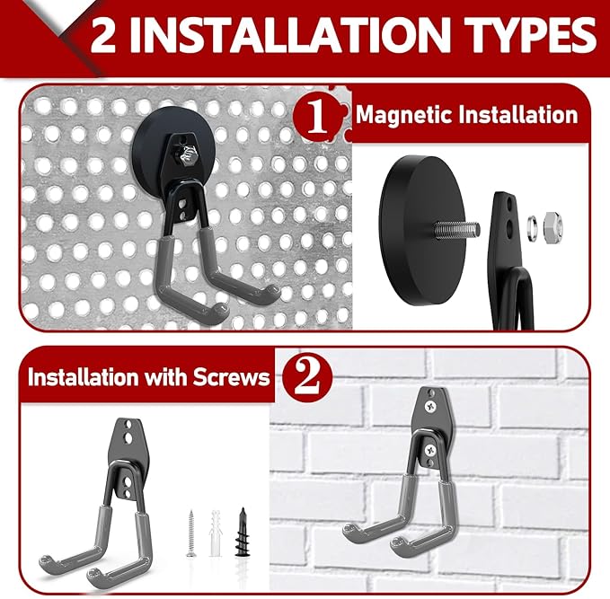3-H Extra Strong Magnetic Hooks,Heavy Duty Large Anti-Slip Magnet Hooks,No-Drill Tool Holder for Garage,Power Drill,Garden Tools,Hose Storage,2 Pack Gray