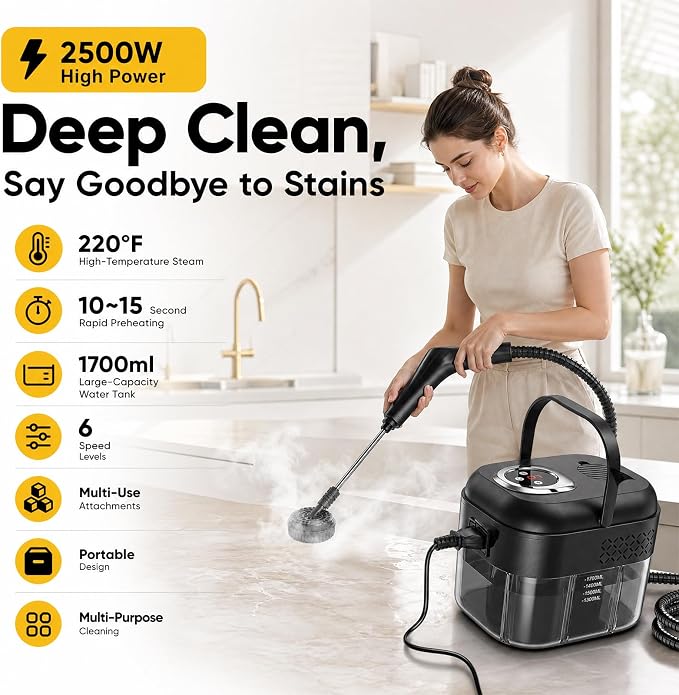 Steam Cleaner for Home: 1.7L Water Tank, Handle High Pressure Steam Cleaner with 6 Level Adjustable Handle, 15s Heat Up, 2500W Portable Steamer for Home, Car Detailing, Dirt, Grease, Grout