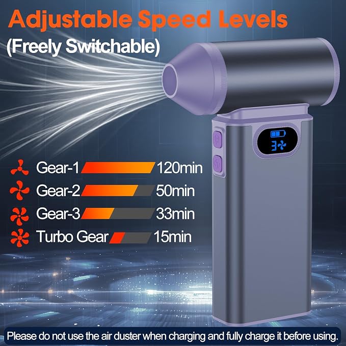Metal Electric Compressed Air Duster, 300000RPM High Speed Rechargeable Air Blower&Pump for Leaf Blower with Digital Display, 4-Speed Modes-Brushless Motor Mini PC Dust Cleaner with Light(Silver)