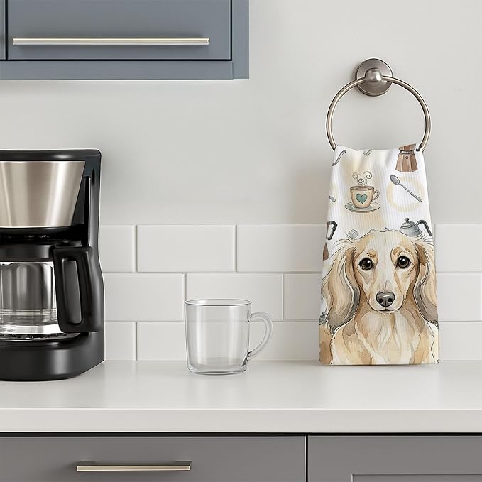 Caroline's Treasures Longhaired Cream Dachshund Coffee Bar Kitchen Towel Velour Plush Front and Cotton Loop Back Machine Washable