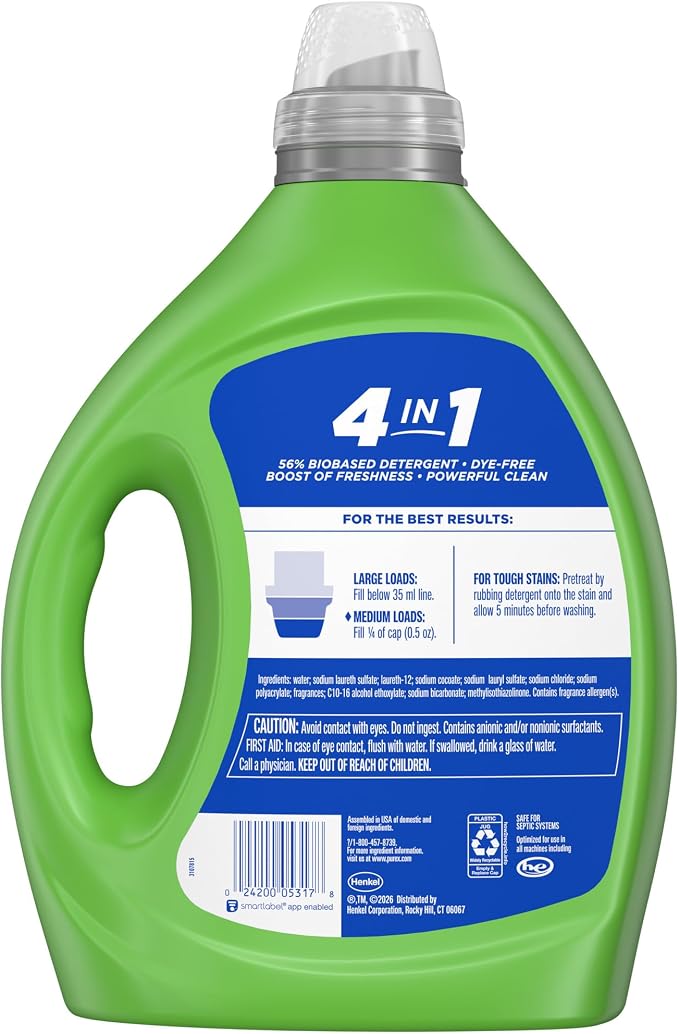 Purex Natural Elements Fresh Lilies & Linen Liquid Detergent, 82.5 oz, 165 Loads, Ultra-Concentrated, Dye-Free, USDA Certified Biobased Product