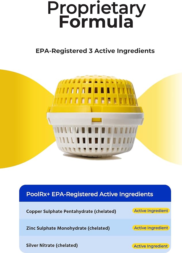 PoolRx+ Mineral Algaecide Unit, up to 6-Month Algae Control, for 100-400 gallons, Yellow & White, New Formula with Silver.