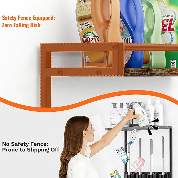 2 Packs Broom Holder Wall Mount with Shelf Load 66LBS Broom and Mop Organizer Wall Hanging Broom Hanger with 4 Mop Hanger Grippers, 3 Hooks for Laundry Room, Garage, Utility Closet, Kitchen