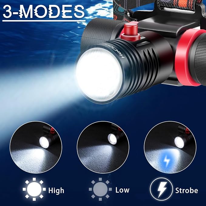 Scuba Dive Light 2000LM Super Bright Rechargeable Underwater Flashlight with IPX8 Waterproof, 3 Modes & USB Charging, Professional LED Diving Headlamp for Snorkeling, Caving, and Scuba Diving