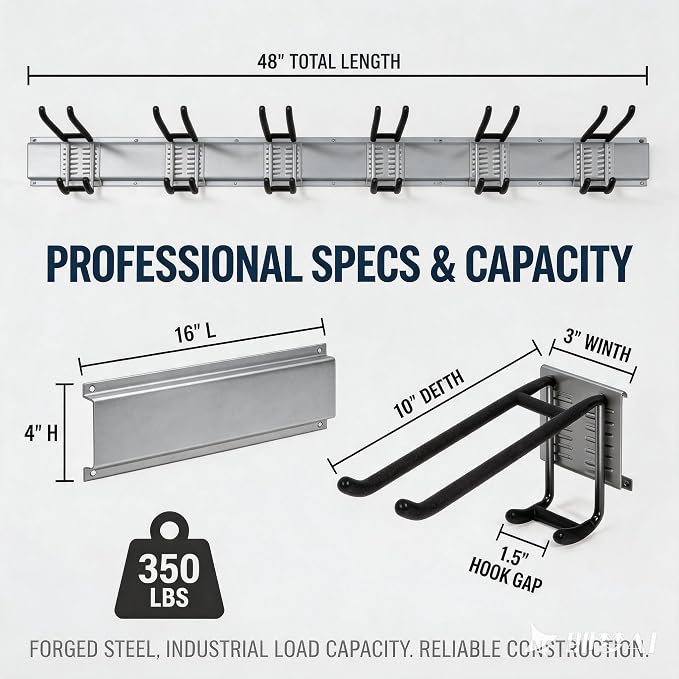 Aking Ace 48-Inch Garage Wall Organizer, Heavy-Duty Hook Set, 350lbs | Adjustable hooks for custom spacing, Organizes rakes, shovels & power tools, Ideal for shed organiztion