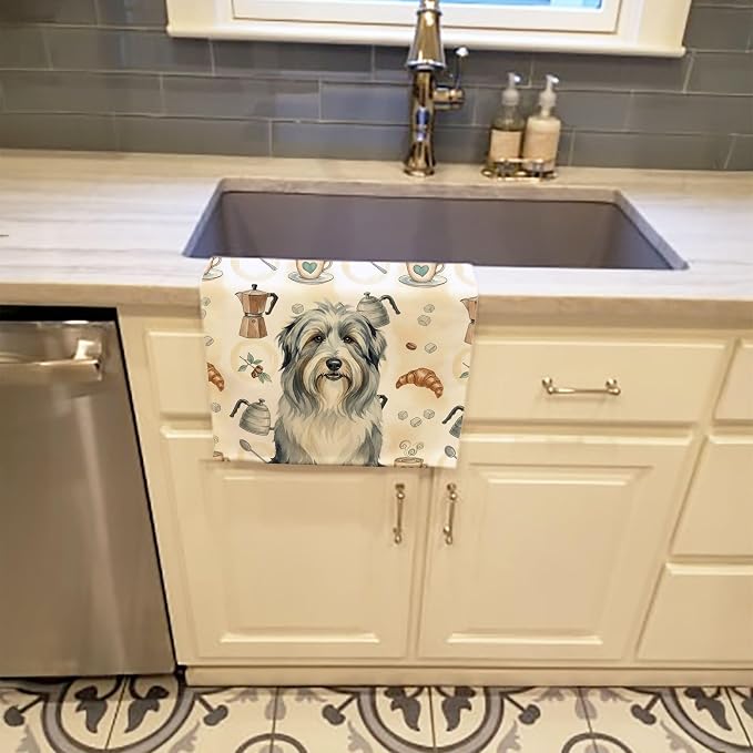 Caroline's Treasures Bearded Collie Coffee Bar Kitchen Towel Velour Plush Front and Cotton Loop Back Machine Washable