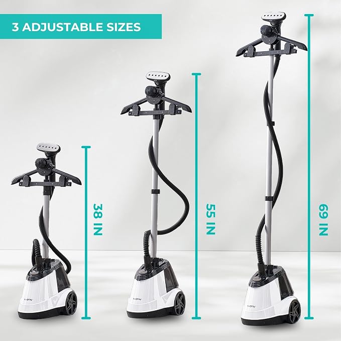 True & Tidy Heavy Duty Commercial Full Size Standing Garment Steamer for Clothes with Extra Large 3L (101 oz) Water Tank for 90+ mins of Steam Time, 1800 watts of Powerful Steam, 3 Settings, White