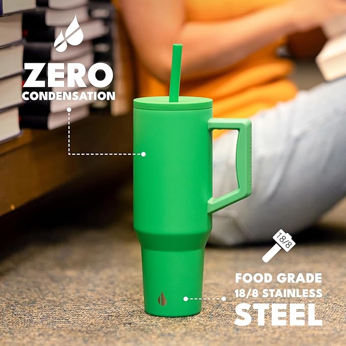 Elemental 40 oz Tumbler with Handle and Straw - Spill Proof Insulated Stainless Steel Commuter for Cold Beverages - Travel Coffee Mug with 2 Straws & Spill Proof Lid - 40oz - Green