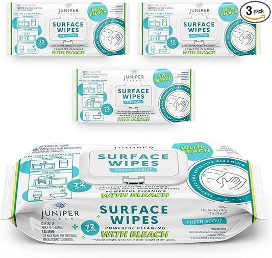 Juniper CLEAN 3 Pack Surface Cleaning Wipes with Bleach, All-Purpose Cleaner for Bathroom, Kitchen, Office, 216 Count Soft Flow, Fresh Scent, Lint Free & Durable
