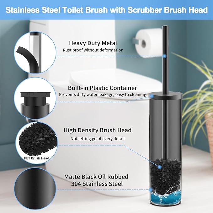 Stainless Steel Toilet Brush and Holder Set Brushed Silver Heavy Duty Toilet Bowl Brush with Long Handle for Bathroom and Farmhouse (Black)