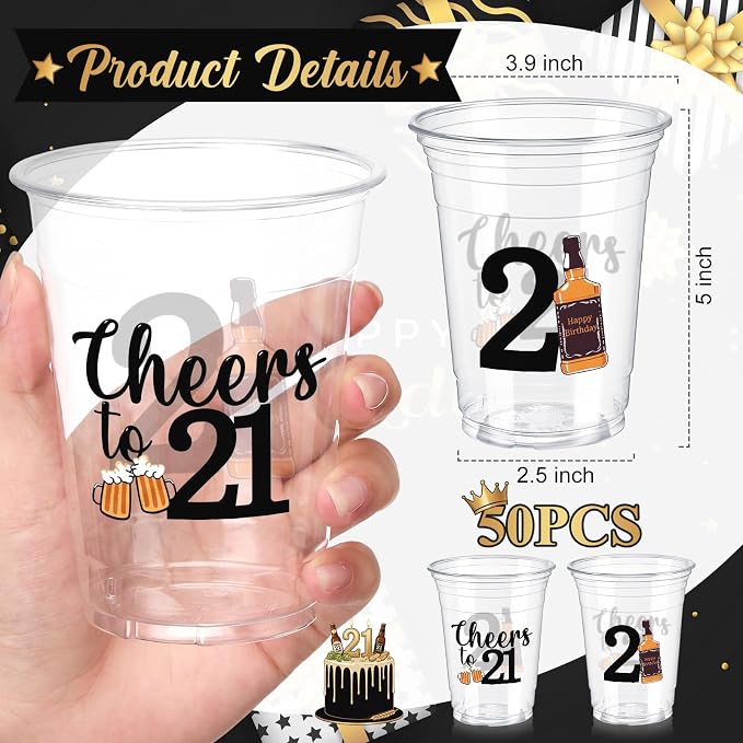 Jingmore 50 Pcs Birthday Plastic Cups 12 oz Birthday Disposable Plastic Cups Thick Clear Drinkware for Men Women Celebrate Party Supplies(21st)