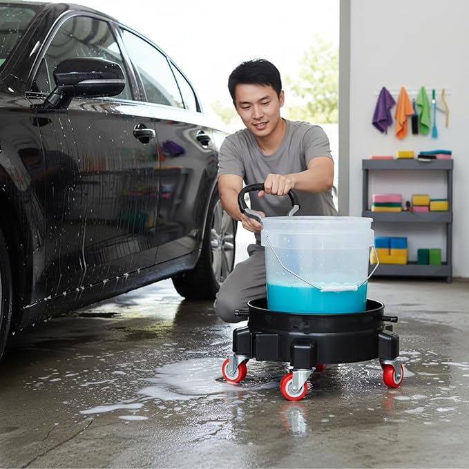 5 Gallon Bucket Dolly, Car Wash Bucket Mobile Base with 5 Swivel Wheels, 300LB Capacity Rolling Pail Stand 360° Rolling Caddy for Cleaning Gardening (Black)