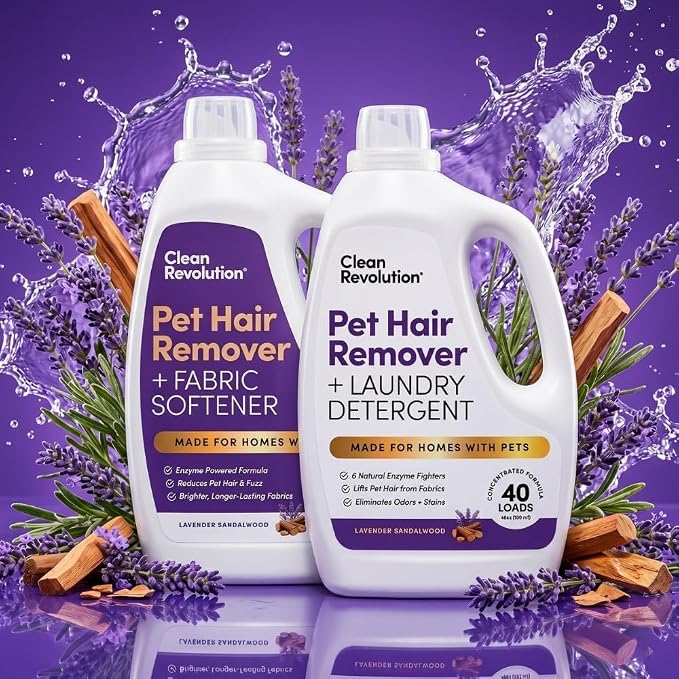 Clean Revolution Pet Hair Remover for Laundry 2-Pack – Removes Dog & Cat Hair Over Time – Enzyme Laundry Detergent & Fabric Softener, Odor Eliminator, Lavender Sandalwood, 40 oz Each