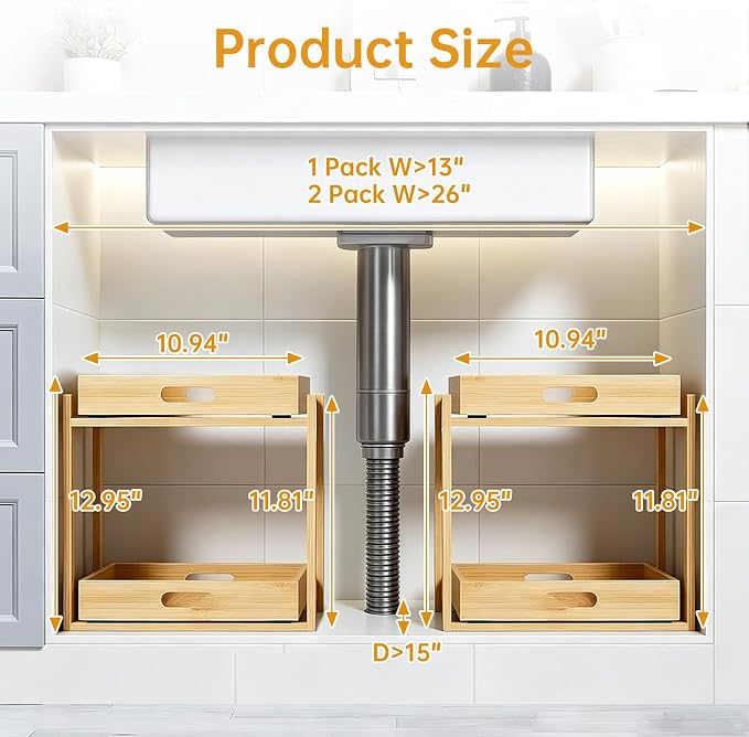 Under Sink Pull Out Organizer - Bamboo Cabinet Organizer 2-Tier with Adjustable Height, Undersink Storage Shelf Slide Out for Kitchen Bathroom Pantry Cabinet(2 Packs)
