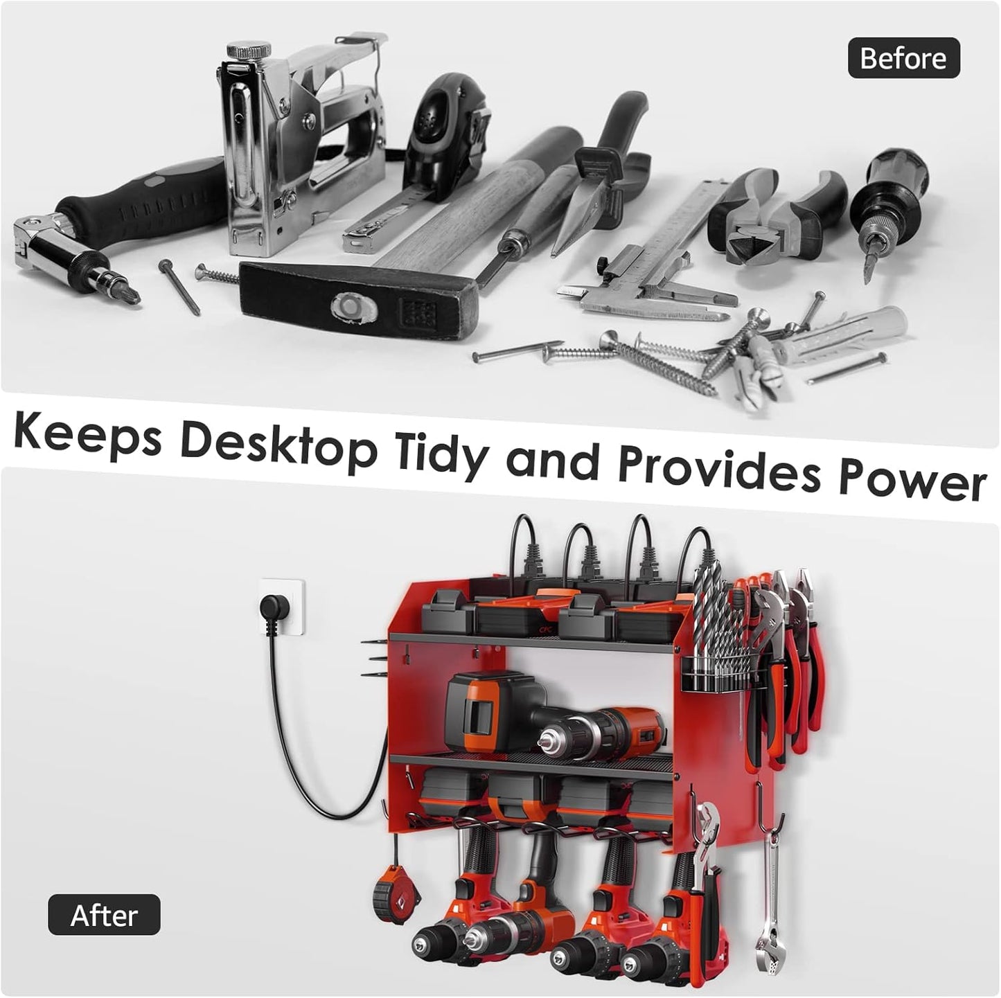 CCCEI Set Power Tool Organizer Wall Mount with Charging Station. Garage 8 Drills Storage Shelf with Hooks, Screwdriver, Drill Bit Heavy Duty Rack, Tool Battery Holder Built in 8 Outlet Power Strip.