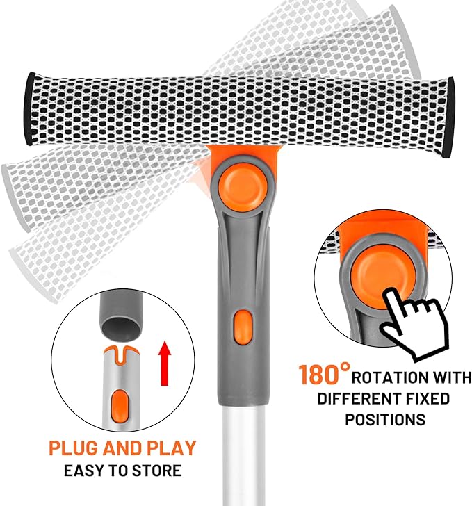 eazer Professional Window Squeegee, 2-in-1 Rotatable Squeegee for Window Cleaning Kit, Window Cleaner Tool, Window Washing Equipment Kit with Extension Pole for Shower/Windshield - 2 Head