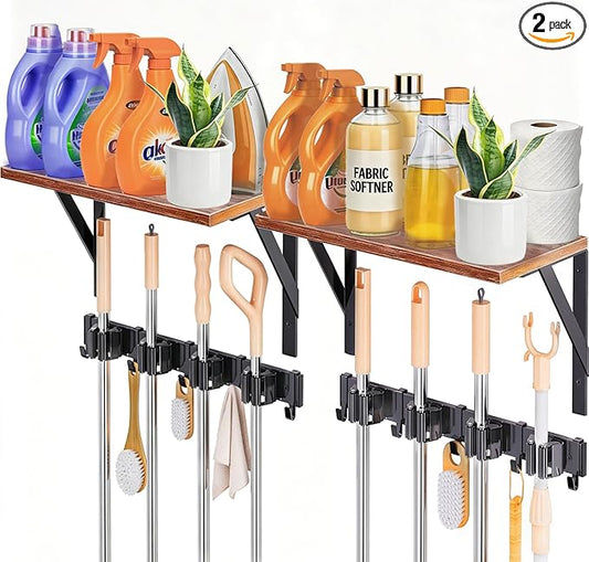 2Pack Broom Holder Wall Mount with Organizer Shelf, Space-Saving Broom and Mop Organizer Wall Hanging with 8 Broom Slots 10 Removable Hooks, Laundry Room Shelves for Laundry Room Garage Garden Closet