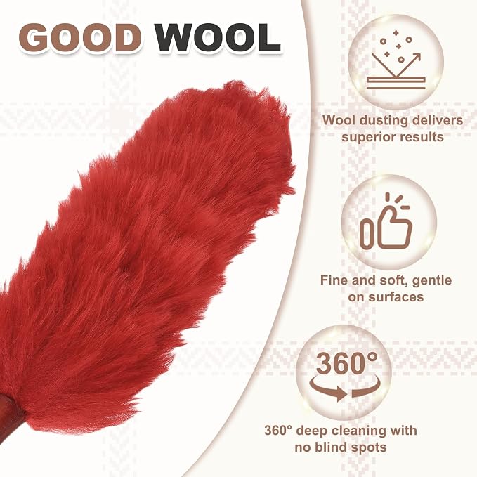 uxcell Wool Duster, 24.4" Natural Feather Cleaner Household Cleaning Duster with Solid Wooden Handle for Cleaning Fans Window Blinds Shelves Furniture, Red