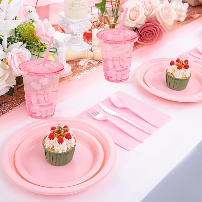 100 Set Pink Plastic Cups with Lids and Straws 12 oz Disposable Drinking Clear Cups for Wedding Pink Birthday Party Supplies