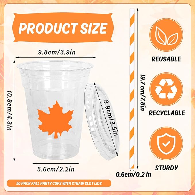 Whaline 50 Pcs 12 Oz Fall Maple Leaf Plastic Cups with Lids and Straws Autumn Classic Maple Cup Clear Orange Leaves Cold Beverage Drinking Cups for Fall Theme Harvest Thanksgiving Party Supplies