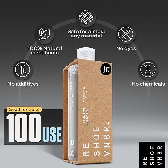 RESHOEVN8R Shoe Cleaning Solution, 8 oz - Sneaker Cleaner & Shoe Care for Canvas, Leather, Mesh, Suede, White, & Nubuck Shoes - Shoe Cleaner Sneakers Kit Solution in Easy-to-Use Bottle - 60-100 Uses