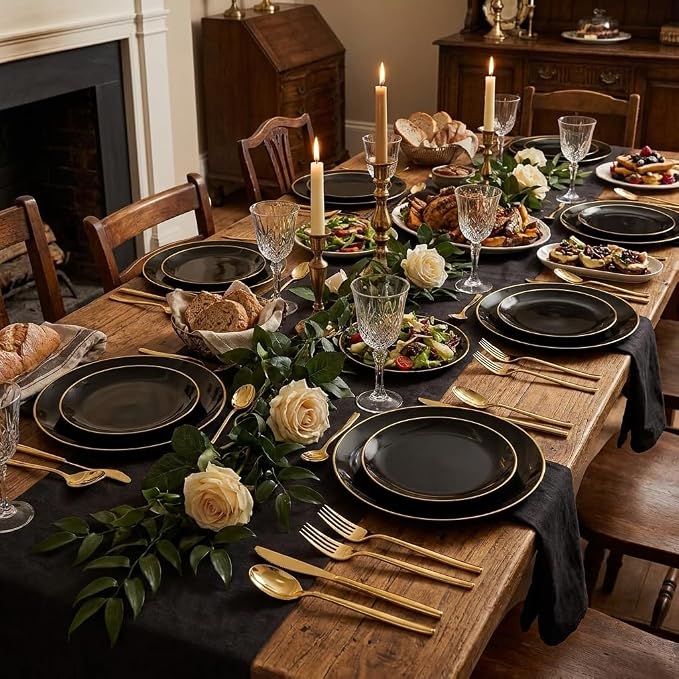 I00000 150Pcs Black Plastic Plates, Black Disposable Plates, Heavy Duty black plates for 30 Guests,Plastic Dinnerware Set Include 30 Dinner Plate,30 Dessert Plate,90 Gold Cutlery Set for Party