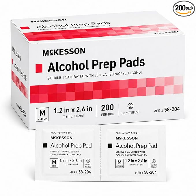 McKesson Alcohol Prep Pads, (200 Count) - Sterile, Individually Wrapped Wipes, 70% Isopropyl Alcohol, Medium Size, 2-Ply, Medical Grade, First Aid, 1 Box