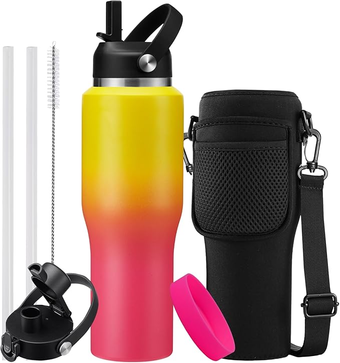 32oz Stainless Steel Water-Bottle with Straw -Keeps Cold 48h & Hot 24h, Insulated Water Bottles w/Strap Carrier Pouch & Boot, Travel Cup Fits in Car Cup Holder