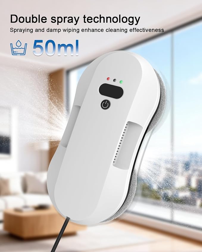 Automatic Window Cleaning Robot for High Windows with 3000Pa Strong Suction, Dual-Nozzle, Power Failure Protection & Safety Rope, 3 Intelligent Paths, 10 Double-Sided Replacement Cloths