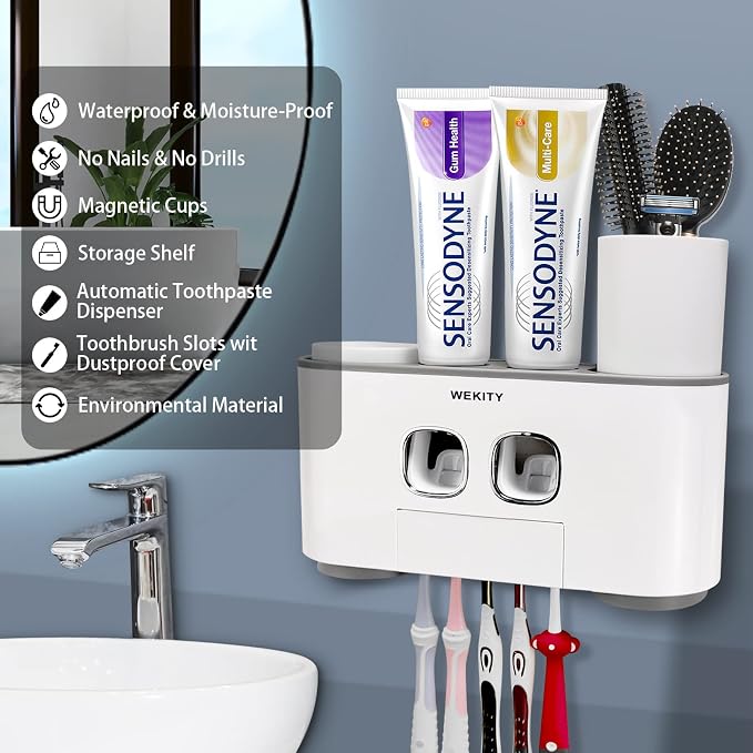 Toothbrush Holder Wall Mounted, WEKITY Multi-Functional Toothbrush and Toothpaste Dispenser for Bathroom, with 5 Toothbrush Slots and 4 Wall Adhesives, 2 Toothpaste Squeezers and 4 Cups