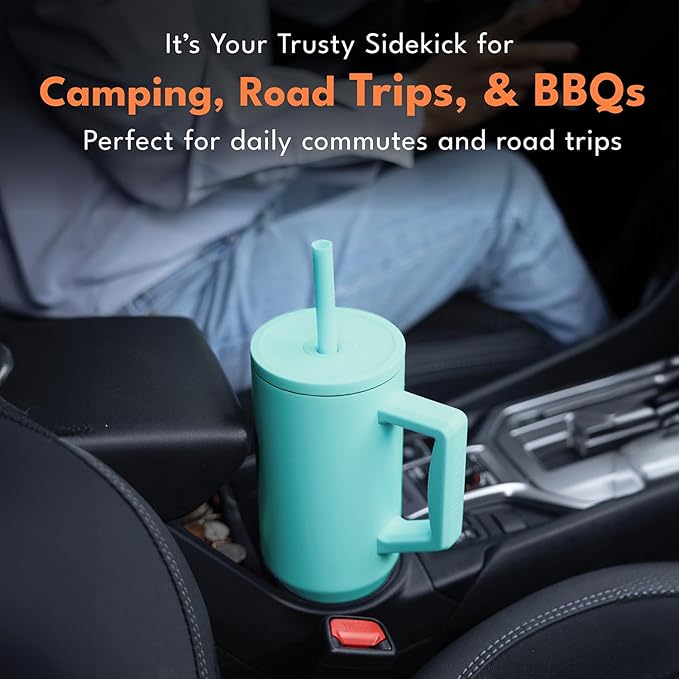 Elemental 40oz Tumbler with Handle and Straw - Spill Proof Insulated Stainless Steel Commuter for Cold Beverages - Travel Coffee Mug with 2 Straws & Spill Proof Lid - 40 oz - Robin's Egg