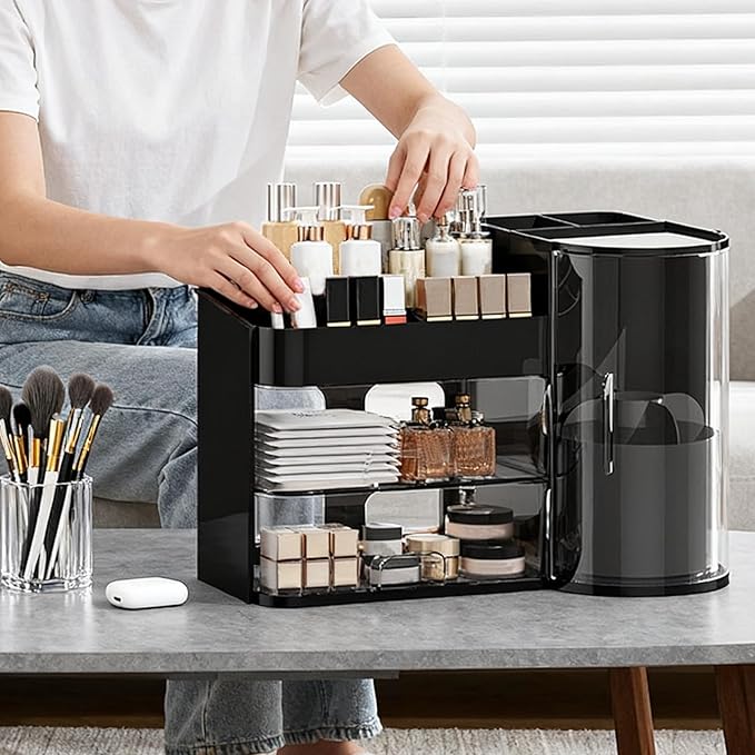 Makeup Storage Box Mesh, Makeup Organizer For Vanity, Cosmetic Display Cases With Transparent Cover, Drawers, Dustproof, Portable Handle, For Vanity, Dresser, Countertop (Blak)