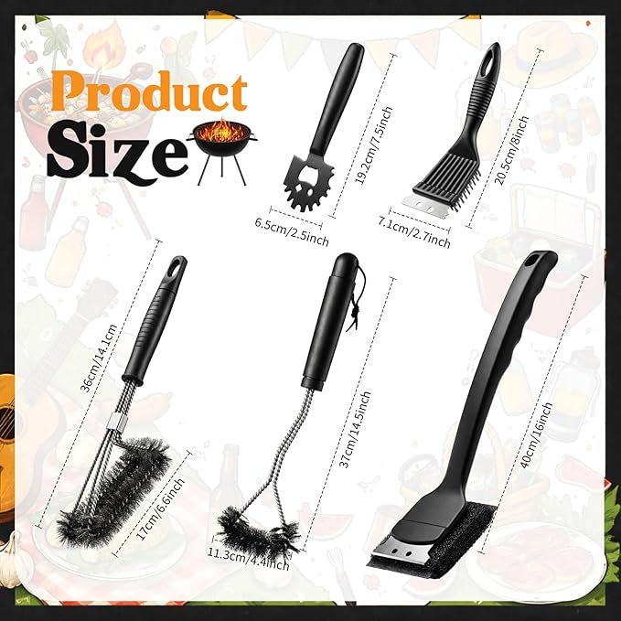 5 Pcs 304 Stainless Steel BBQ Grill Cleaning Tools Set, Steel Grill Brush Accessories with Scraper, Pointed Tail, Triangular, Scouring Pad Brush for Outdoor Gift for Men Dad