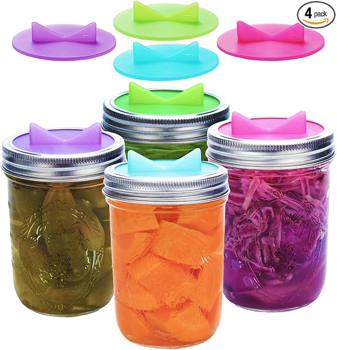 Mason Jar Fermentation Lids 4 Pack Silicone easy to clean Airlock Sauerkraut Fermenting lids for Wide Mouth Mason Jars (AirLock)