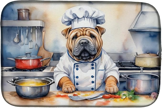 Caroline's Treasures DAC6324DDM Shar Pei The Chef Dish Drying Mat Absorbent Dish Drying Mat Pad for Kitchen Counter Dish Drainer Mat for Countertop, 14 x 21", Multicolor