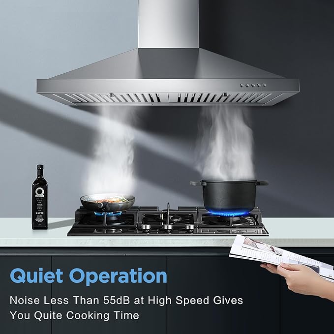 Range Hood 30 inch, Wall Mount Vent Hood in Stainless Steel, Ducted/Ductless Convertible Duct, Kitchen Hood w/Baffle Filters, 3 Speed Fan, Energy Saving LED Light, Push Button Control