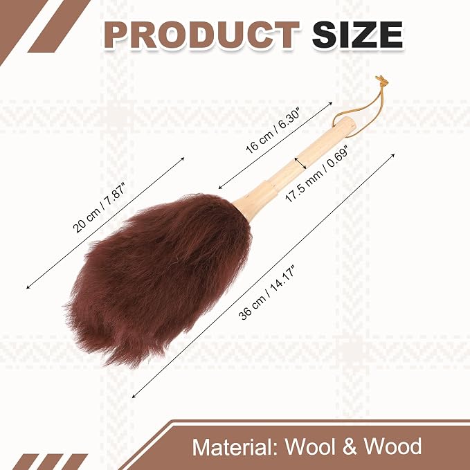 uxcell Wool Duster, 14.2" Natural Feather Cleaner Household Cleaning Duster with Solid Wooden Handle for Cleaning Fans Window Blinds Shelves Furniture, Coffee