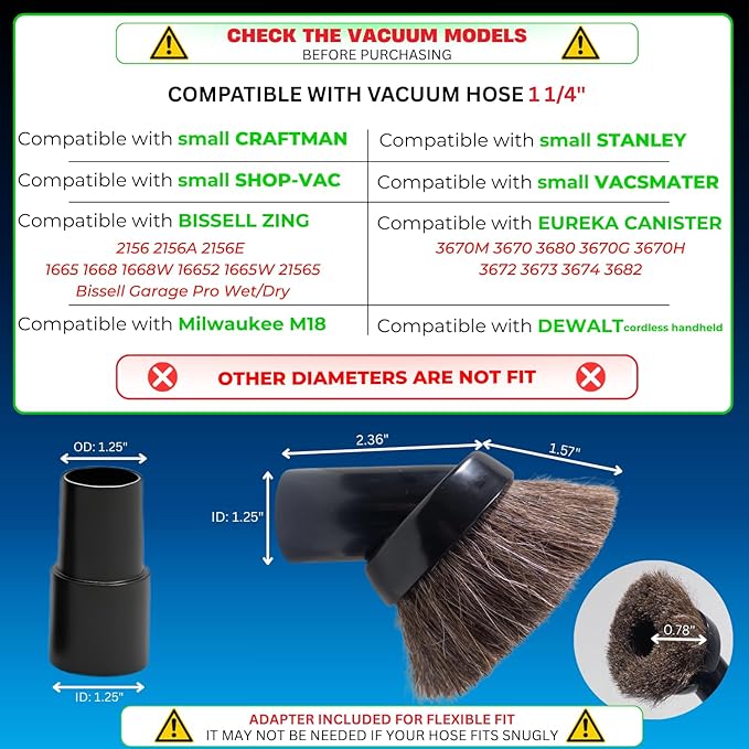 for Shop Vacs Replacement Vacuum Brush Attachment 1.25 Inch (32mm) with Soft Horsehair Bristles - 1-1/4'' Vacuum Accessories Compatible with Milwaukee M18, Eureka Mighty Mite 3670M & More