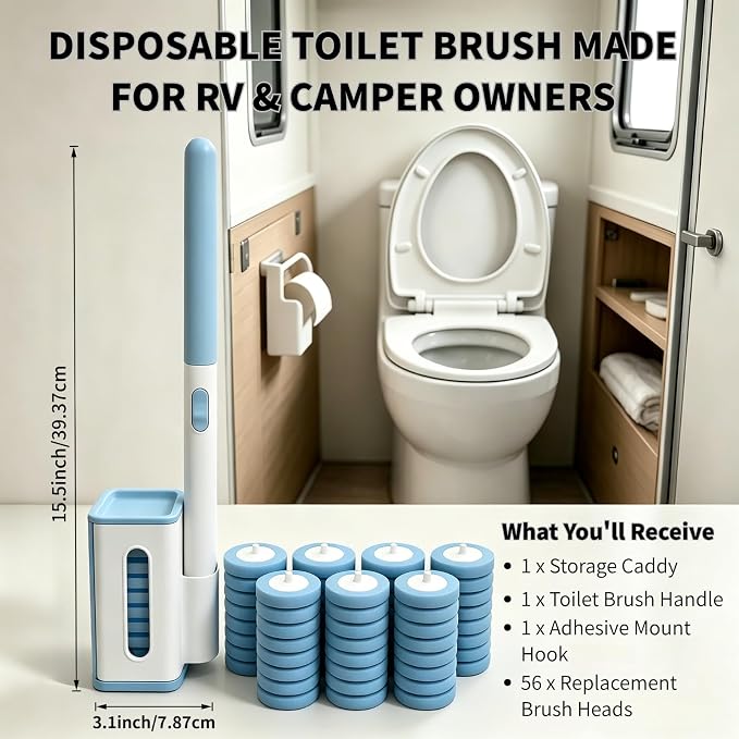 RV Toilet Brush & Holder, Wall Mount Toilet Cleaner with 56 Cleaner Refills | Hands-Free Toilet Bowl Wand Kit for RV Camper & Small Bathroom