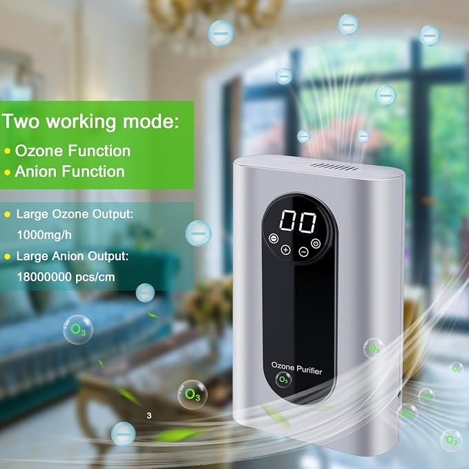 Portable Ozone Machine Generator,1000mg/h Multipurpose Ozone Machine for Air,Water,Food,Home,Office,Hunting (Silver)