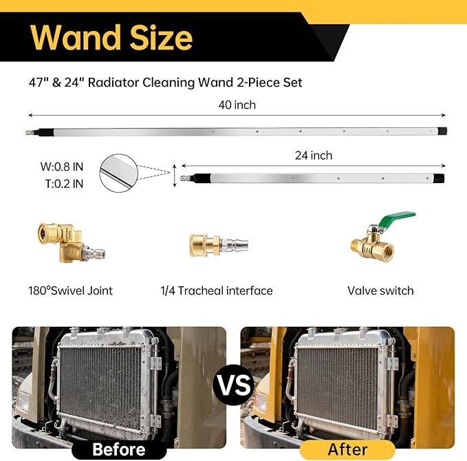 REALYOU 40"+24" Radiator Cleaning Wand, 4500 PSI Radiator Cleaner Wand Water & Air Dual-Use, Radiator Cleaning Tool with 25° Fan Nozzle, Brush, Quick Coupler, Radiator Cleaner for Car, Truck, RV