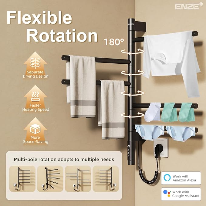 ENZE Smart Rotating Heated Towel Rack for Bathroom, 5-Bar Wall-Mounted Electric Towel Warmer with Swivel Bars, Wi-Fi App Control, 24H Timer, Stainless Steel, IPX5, Hardwired/Plug-in, Matte Black